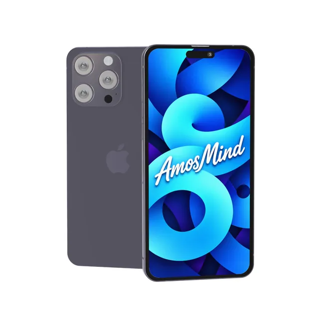 iPhone 14 Pro Max mockup with AmosMind artwork