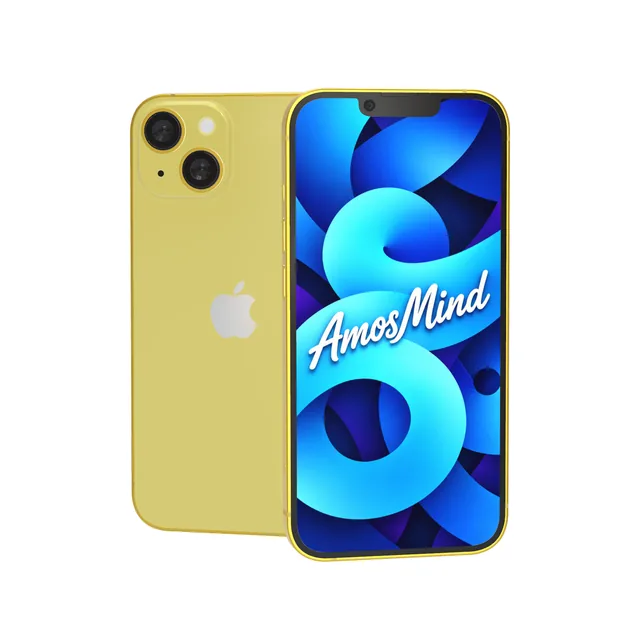 iPhone 14 mockup with AmosMind artwork