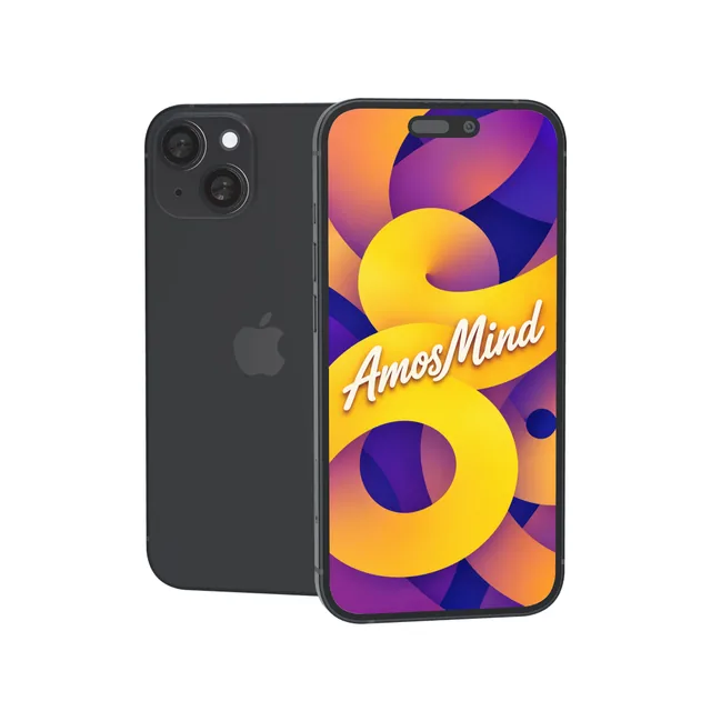 iPhone 15 mockup with AmosMind artwork