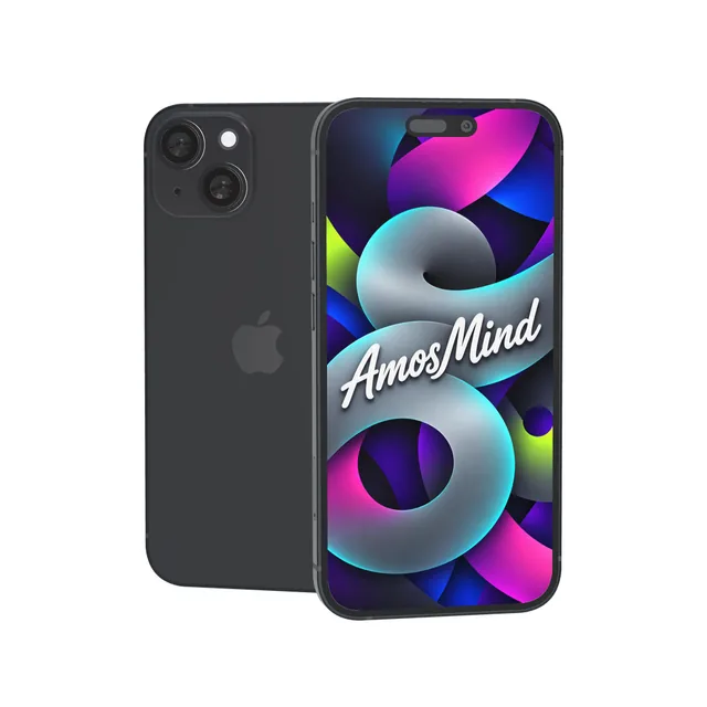 iPhone 15 mockup with AmosMind artwork
