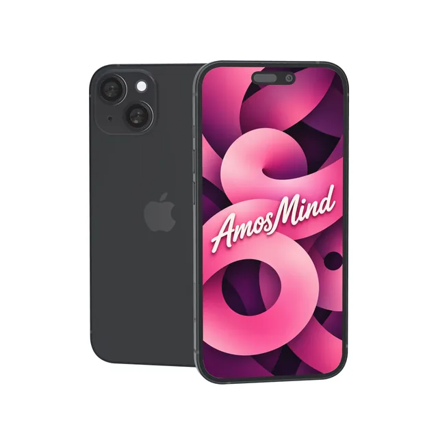 iPhone 15 mockup with AmosMind artwork