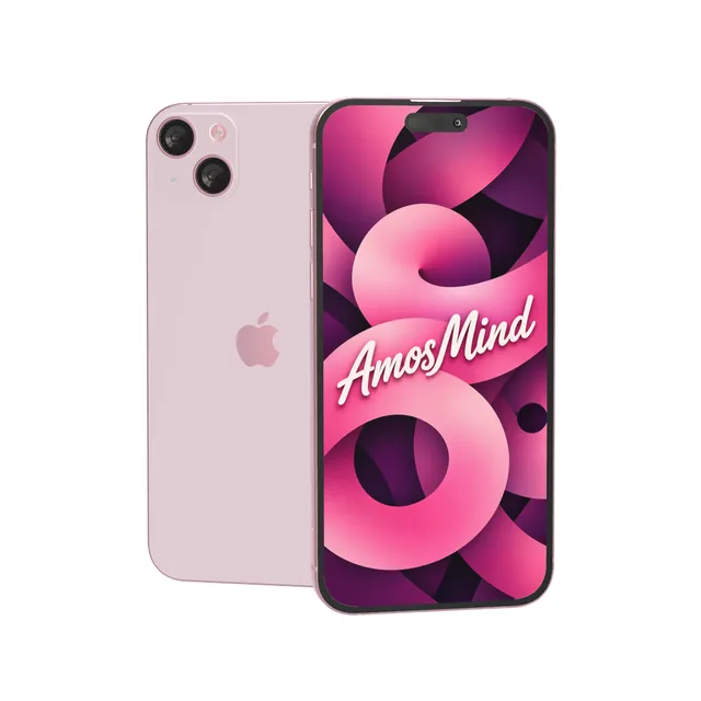 iPhone 15 Plus mockup with AmosMind artwork
