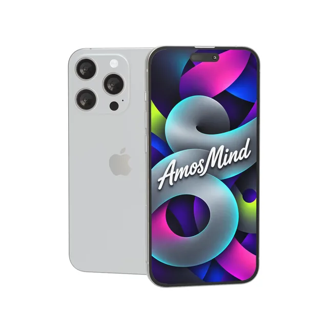 iPhone 15 Pro mockup with AmosMind artwork