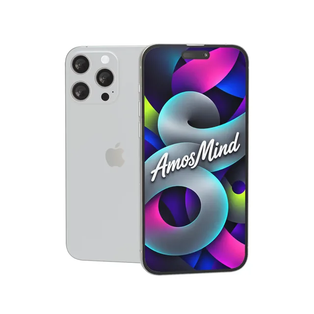 iPhone 15 Pro Max mockup with AmosMind artwork