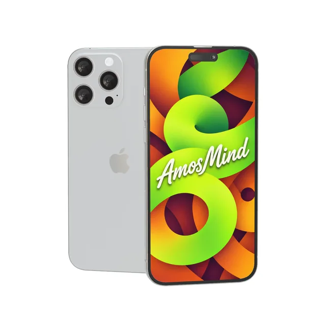 iPhone 15 Pro Max mockup with AmosMind artwork