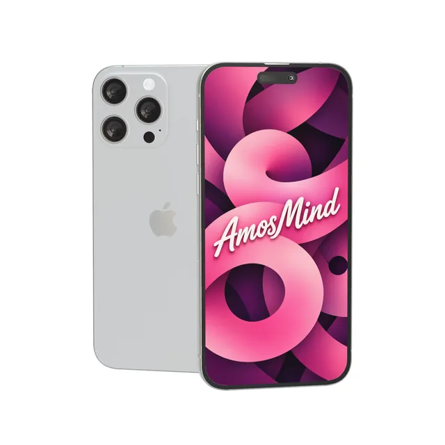 iPhone 15 Pro Max mockup with AmosMind artwork