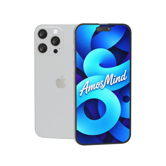 iPhone 15 Pro Max mockup with AmosMind artwork
