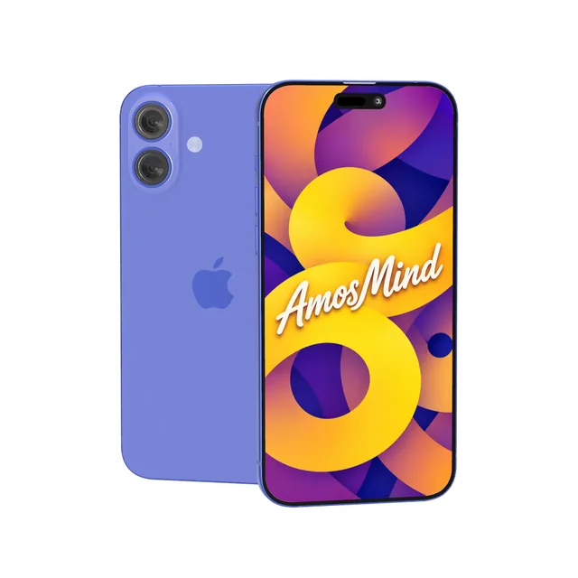 iPhone 16 mockup with AmosMind artwork