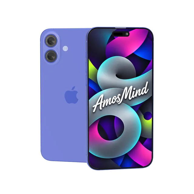 iPhone 16 Plus mockup with AmosMind artwork