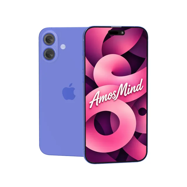 iPhone 16 Plus mockup with AmosMind artwork