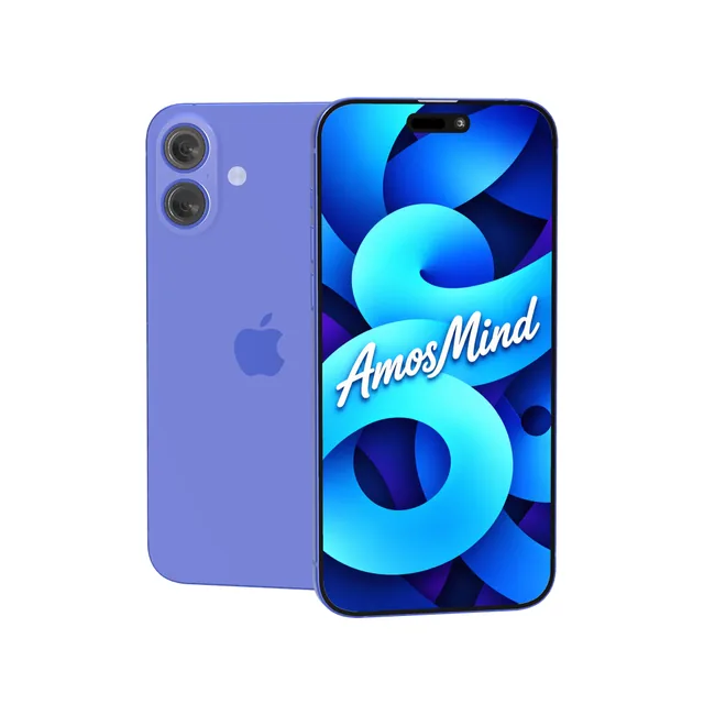 iPhone 16 Plus mockup with AmosMind artwork