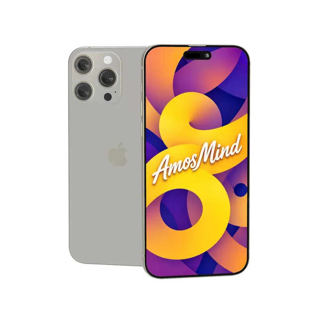 iPhone 16 Pro Max mockup with AmosMind artwork