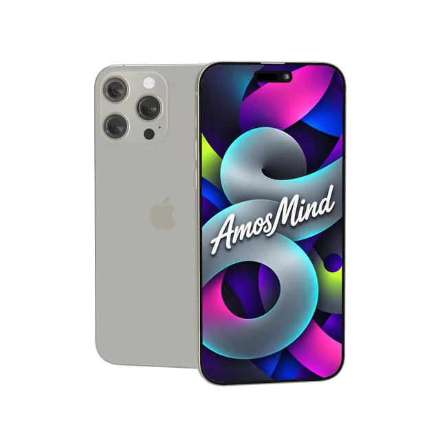 iPhone 16 Pro Max mockup with AmosMind artwork
