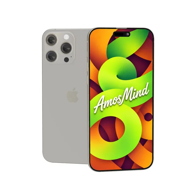 iPhone 16 Pro Max mockup with AmosMind artwork