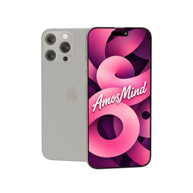 iPhone 16 Pro Max mockup with AmosMind artwork