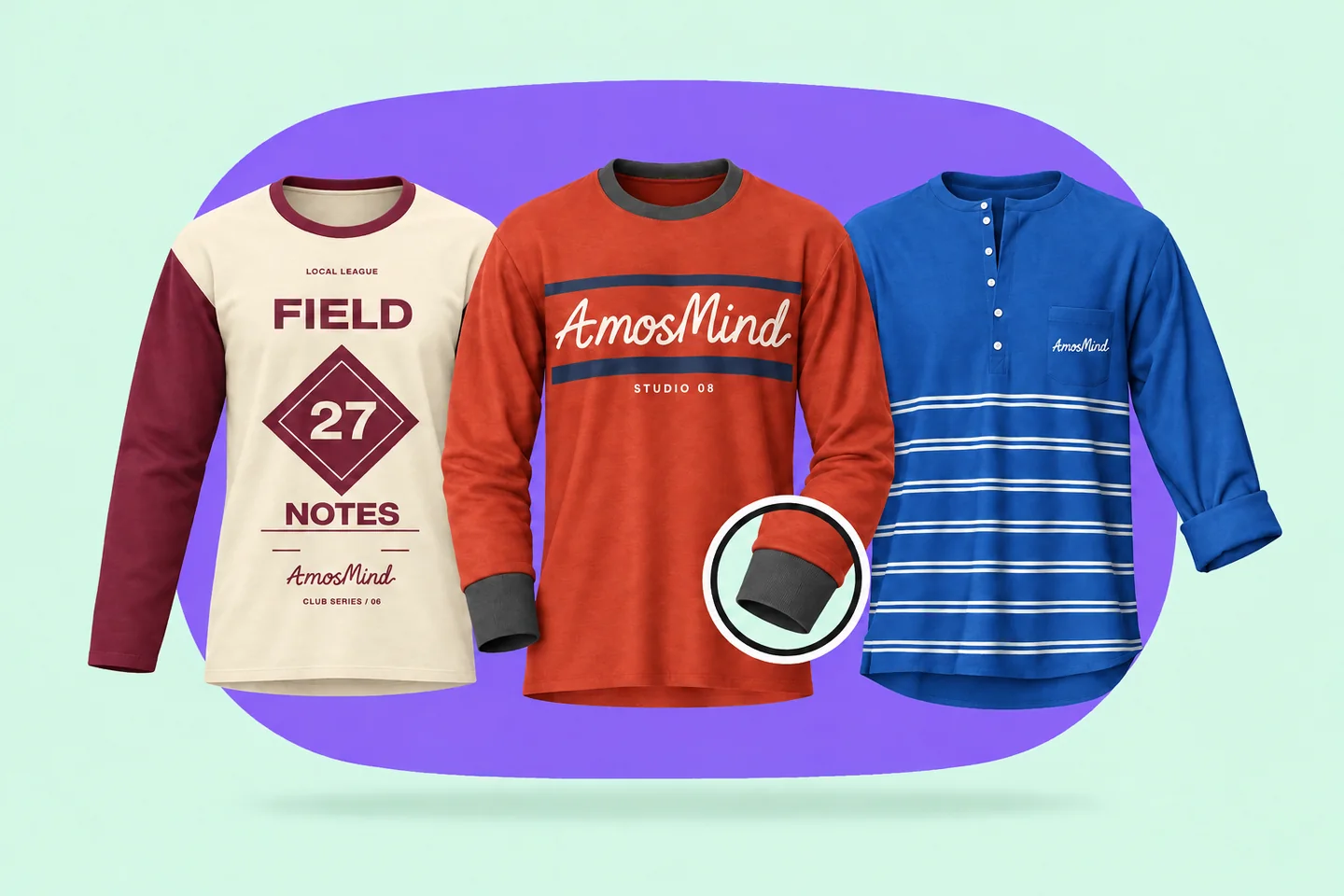 A raglan long-sleeve tee, a crew neck with banded sleeves and a pocket Henley side by side, with a magnifying glass over a ribbed cuff