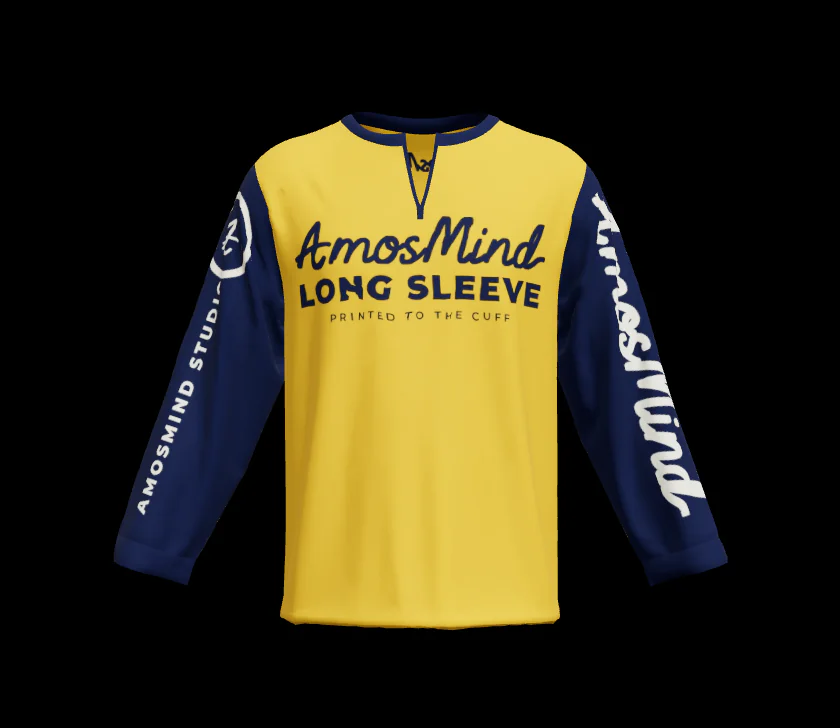 Notched crew-neck long-sleeve T-shirt mockup in yellow with navy sleeves and AmosMind artwork down the sleeve
