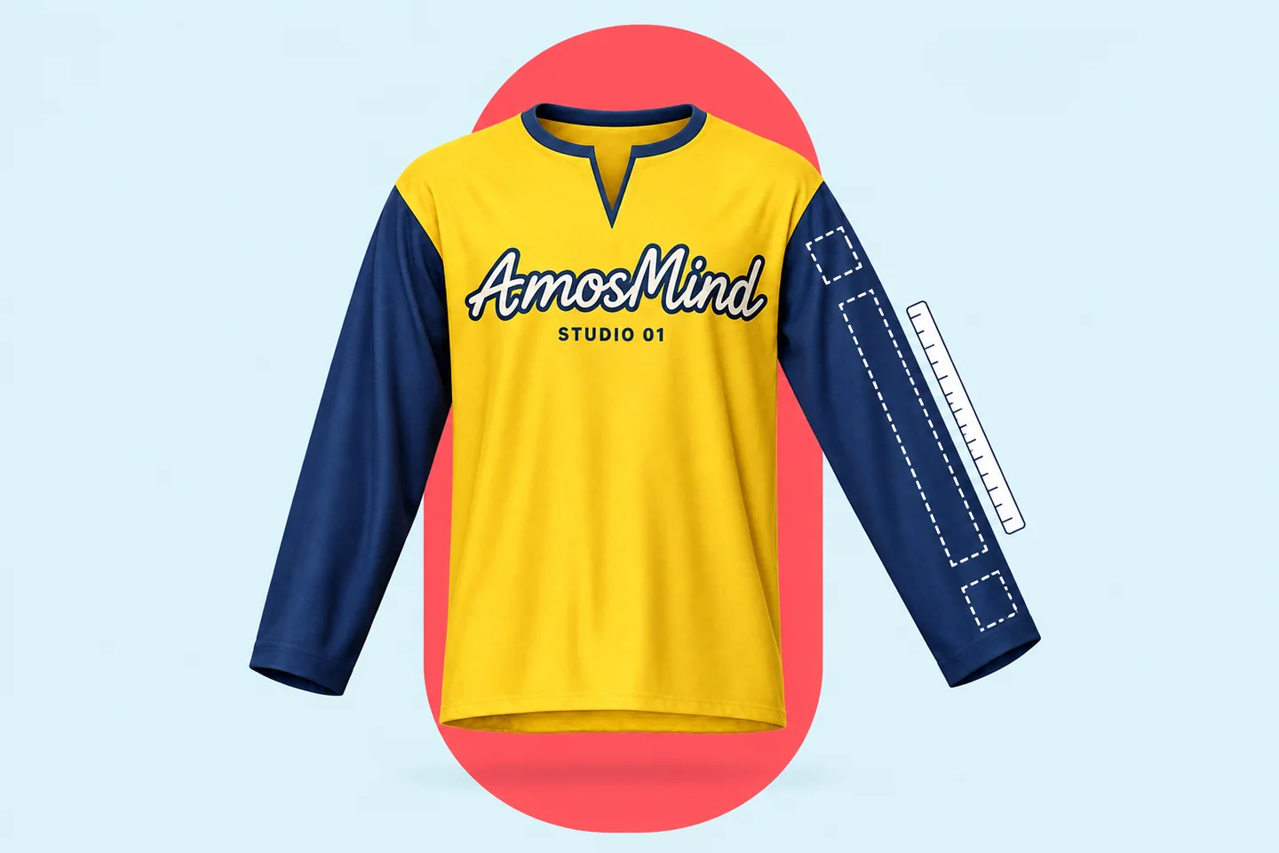 A yellow and navy long-sleeve T-shirt with dashed print areas on the upper arm, down the sleeve and at the wrist, and a ruler along the sleeve