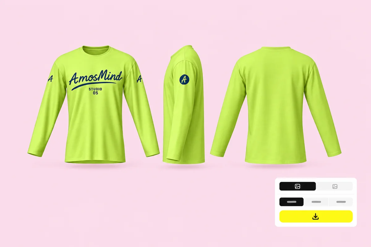 Front, side and back renders of the lime long-sleeve T-shirt with the export settings