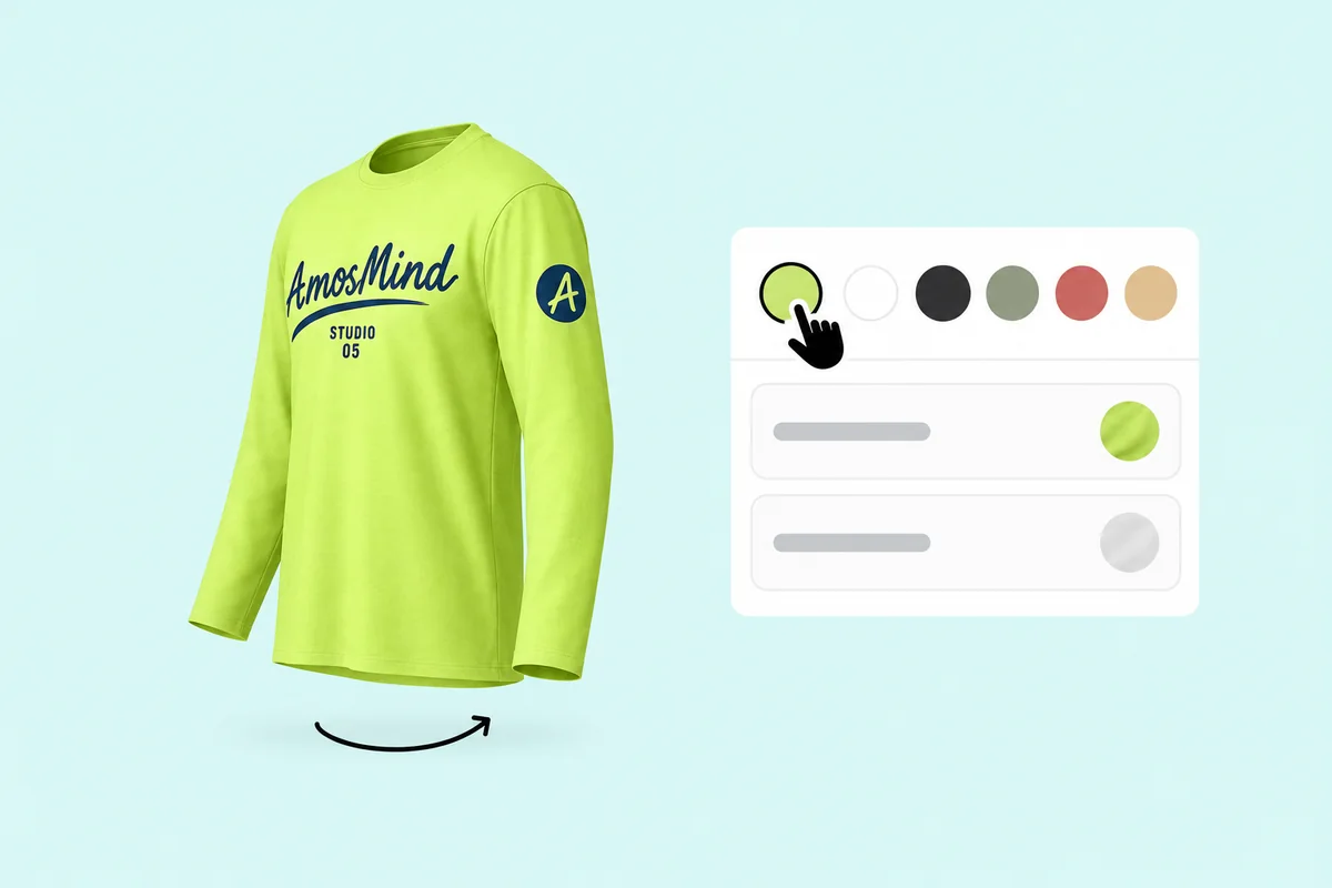 The long-sleeve T-shirt in lime green turned to the side, beside the garment color panel