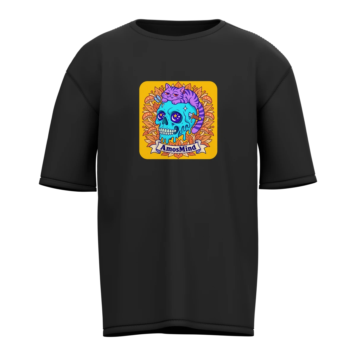 Black oversized T-shirt mockup preview with artwork