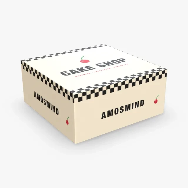 Cake box with hinged lid mockup with AmosMind artwork