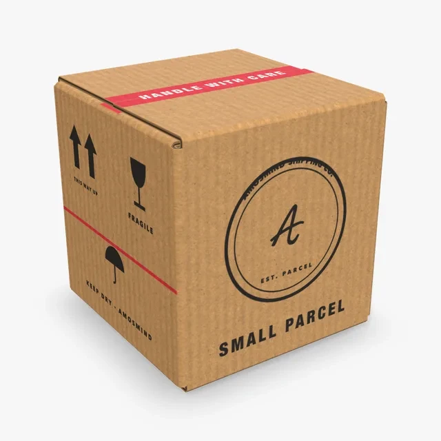 Small shipping box mockup with AmosMind artwork