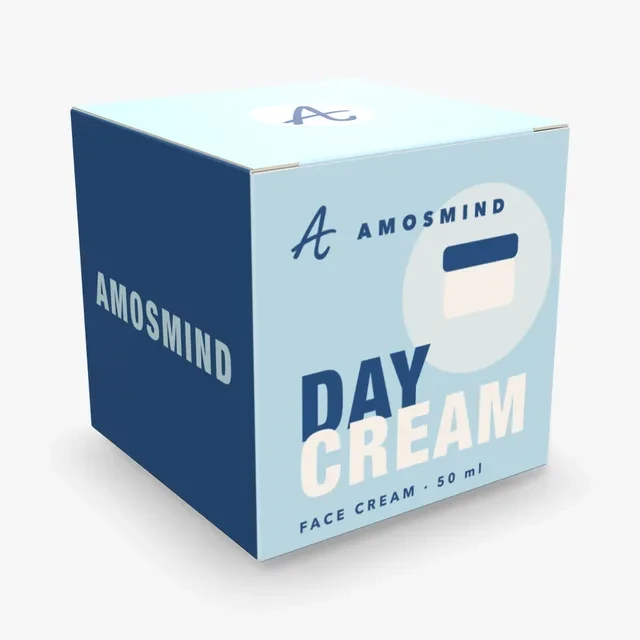 Cream box mockup with AmosMind artwork