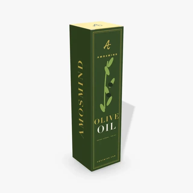 Tall bottle box mockup with AmosMind artwork