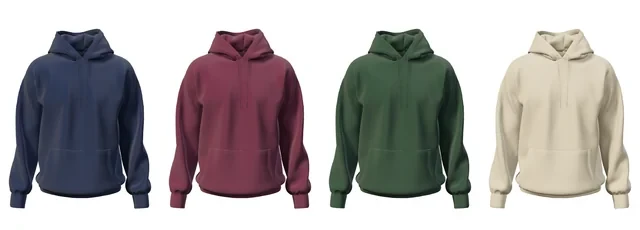 One blank pullover hoodie shown in navy, plum, forest green and sand