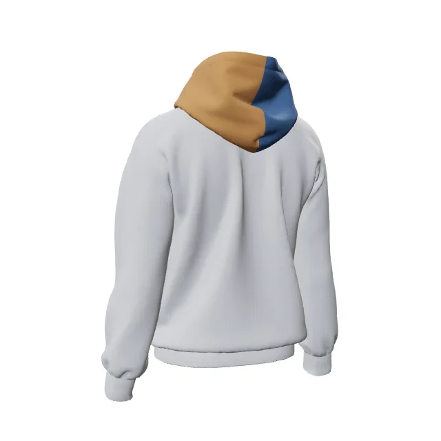 Hoodie hood split into an orange left half and a blue right half