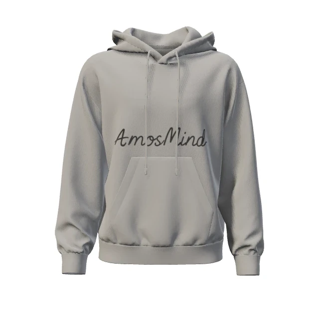 Grey raglan hoodie with a dark AmosMind script chest print in the same front view mockup