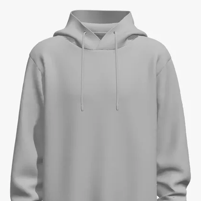 Grey hoodie detail showing the hood, drawstrings and drop shoulders