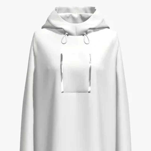 White sherpa hoodie detail showing the hood, drawstrings and rectangular chest panel