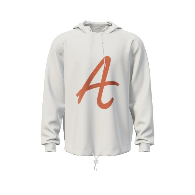 White boxy hoodie with a rust-colored A chest emblem mockup