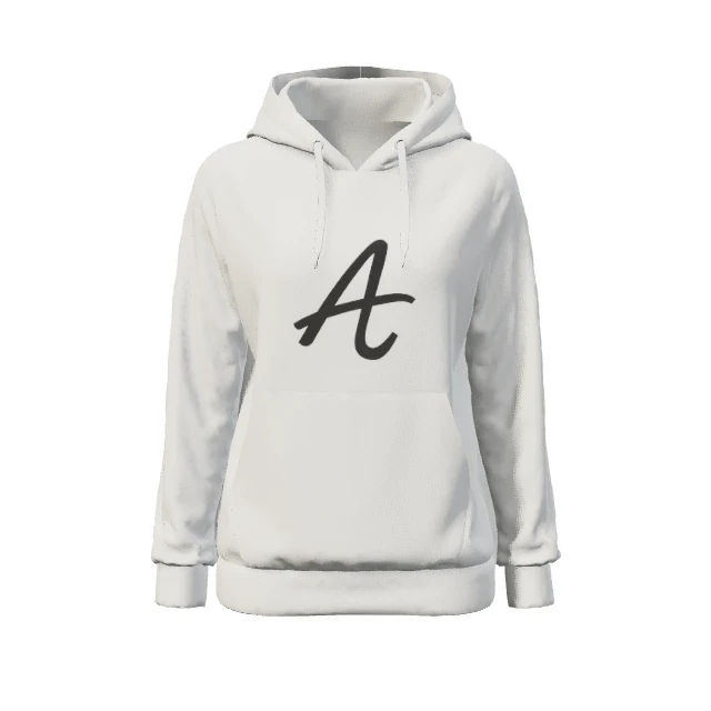 White regular-fit pullover hoodie with a dark A chest emblem mockup