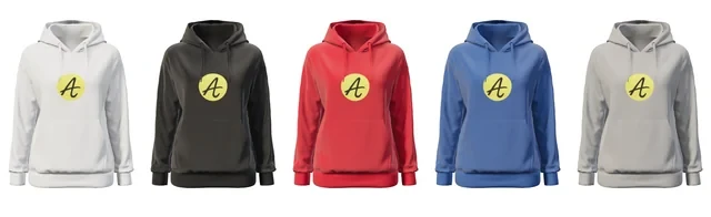 The same pullover hoodie in white, black, red, royal blue and heather grey, each with the same small yellow badge on the chest