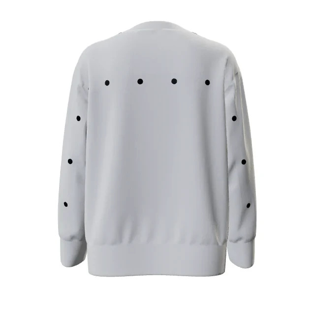 Back of a crew-neck sweatshirt showing snap buttons along the back yoke and sleeves