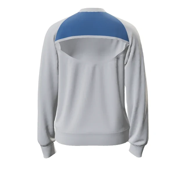 Back of an open-back raglan sweatshirt with the back yoke tinted blue