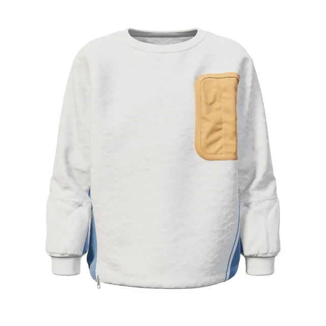 Quilted pocket sweatshirt with the chest pocket tinted orange and side panels tinted blue