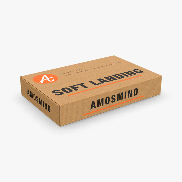 Air-cell one-piece folder box mockup with AmosMind artwork