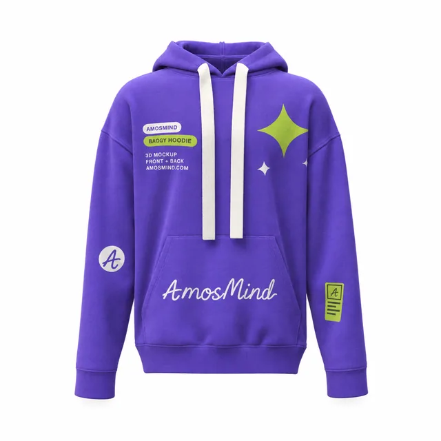 Baggy hoodie mockup with AmosMind artwork