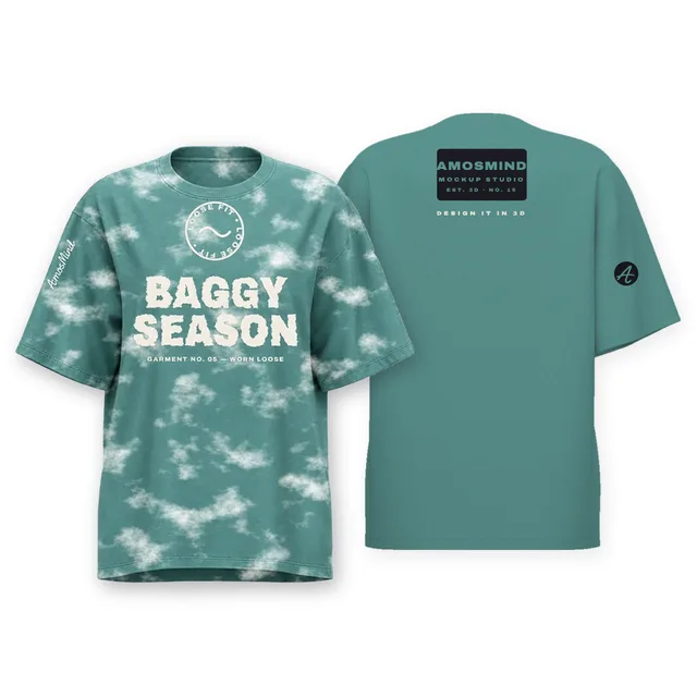 Baggy oversized T-shirt mockup shown front and back with AmosMind artwork