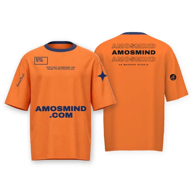 Basic oversized T-shirt mockup shown front and back with AmosMind artwork