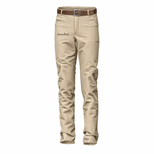Belted slim-fit pants mockup with AmosMind artwork