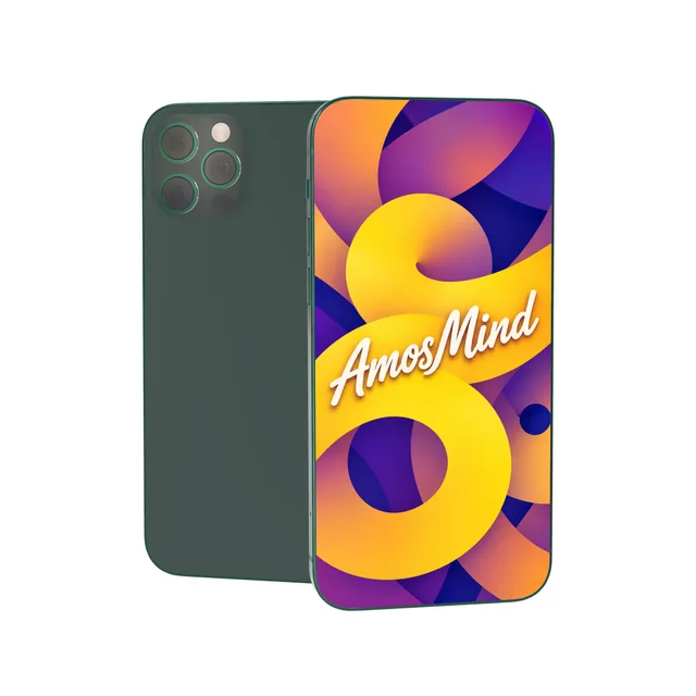Bezel-less phone mockup with AmosMind artwork