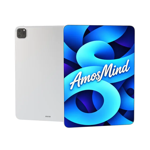 Bezel-less tablet mockup with AmosMind artwork