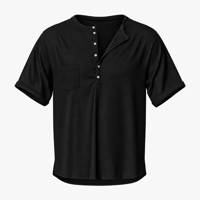 Blank black deep-placket pocket Henley T-shirt mockup