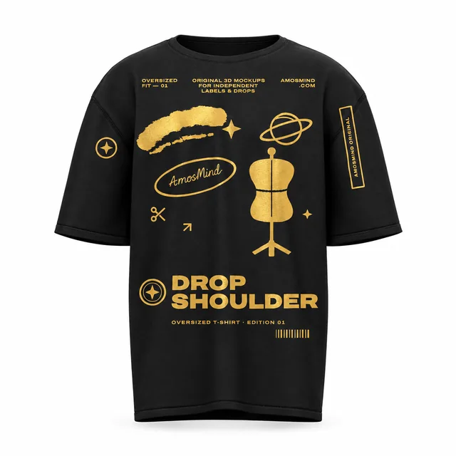 Black oversized T-shirt mockup with AmosMind artwork