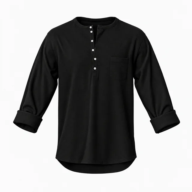 Blank black six-button pocket Henley with rolled sleeves mockup